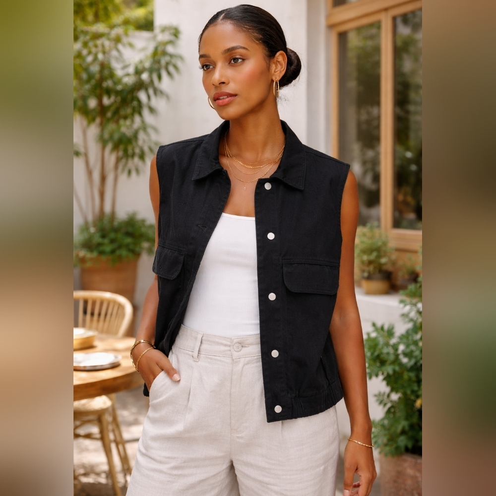 Dokotoo Black Utility Vest XL Sleeveless Snap Button Minimal Chic Layering Piece